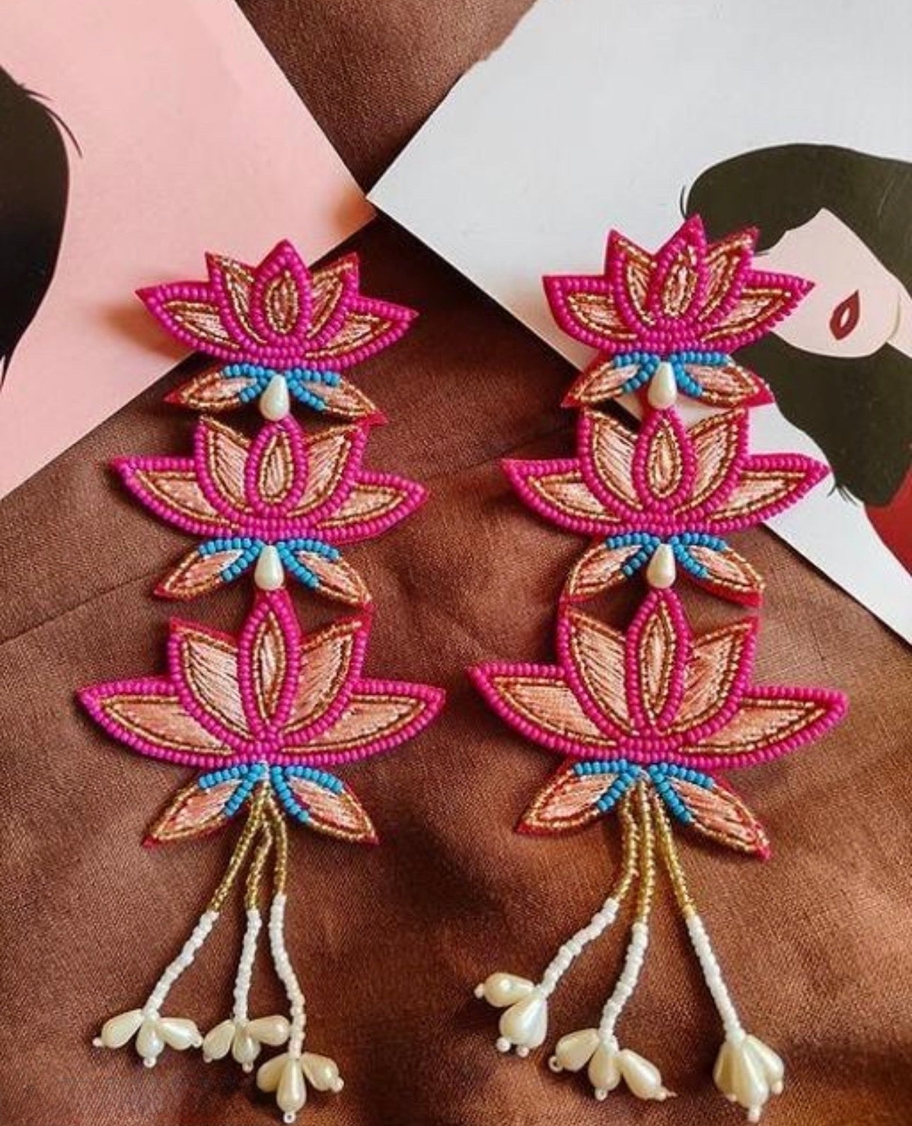Handmade Beaded Statement Boho Ethnic Lotus Pink Large Earrings