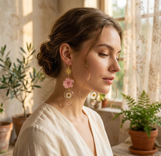 Elegant Drop Earrings with Real Pressed Dried Flowers