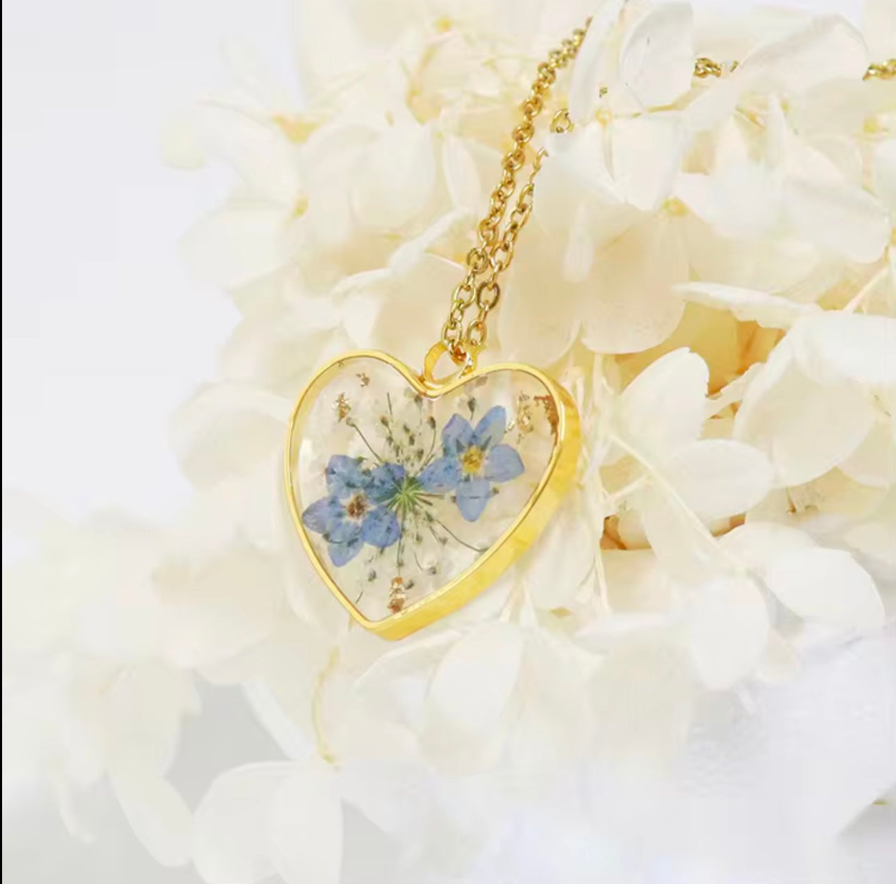 Heart Pendant with Real Forget-Me-Not Pressed Flowers