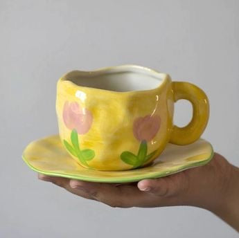 Yellow & Pink Tulip Flowers Mug & Saucer Set