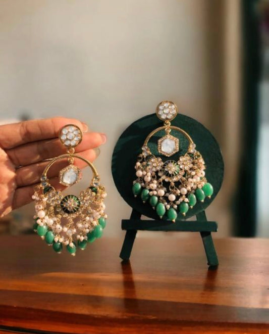 Green Elegant Heavy Chandbali Pearls Earrings