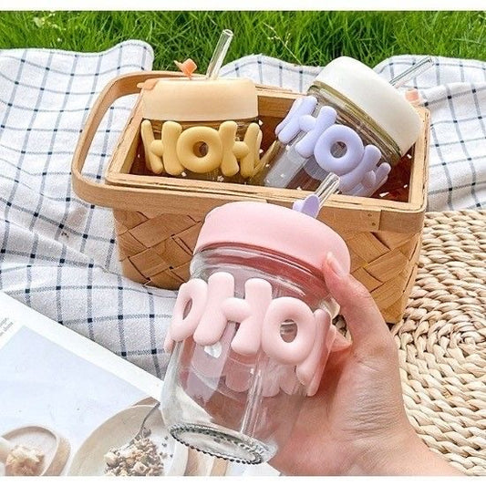 Cute Hohoho Portable Glass Tumbler with Straw & Lid