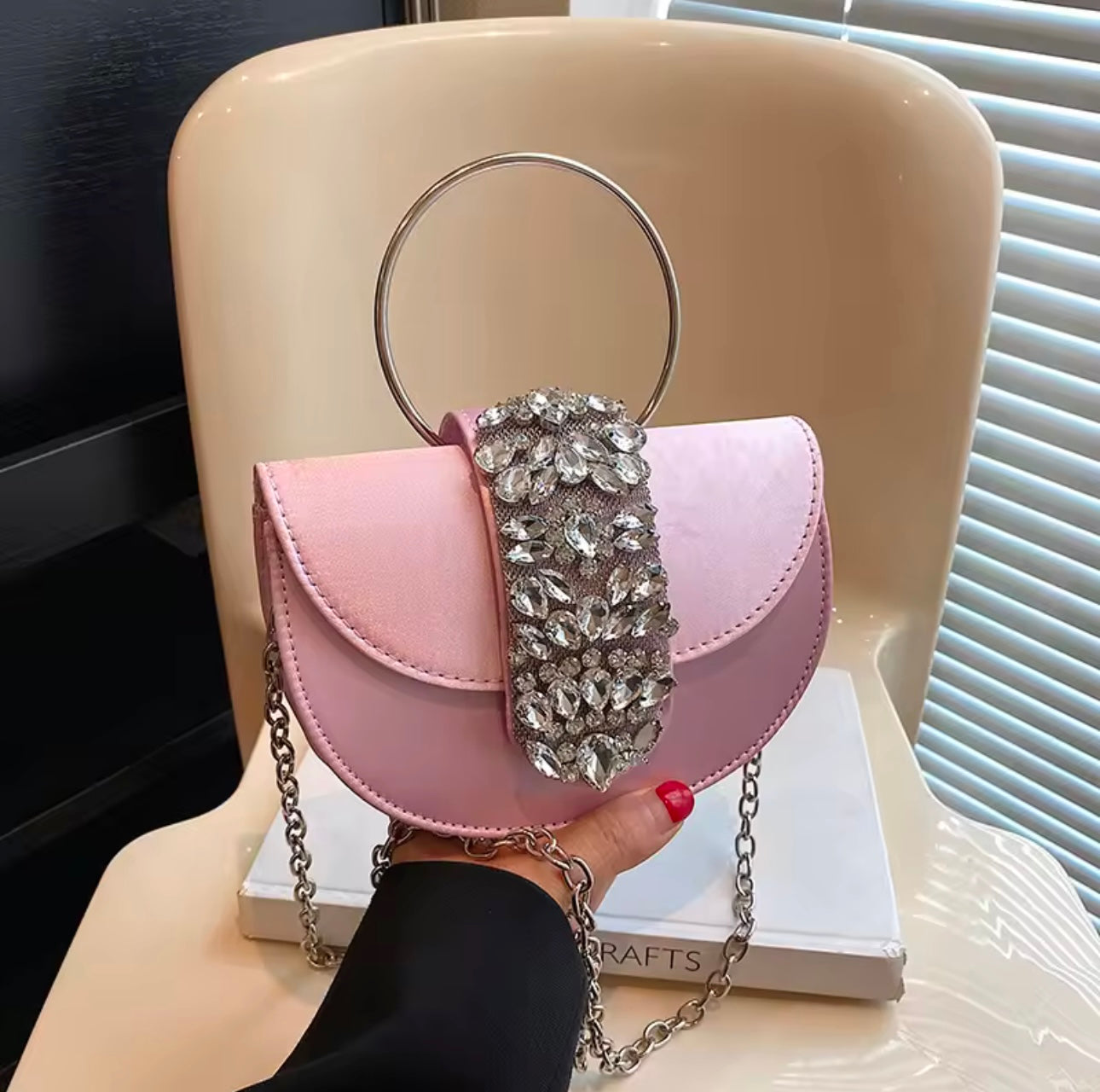 Exclusive Studded Rhinestone Detail Statement Saddle Bag with Round Handle