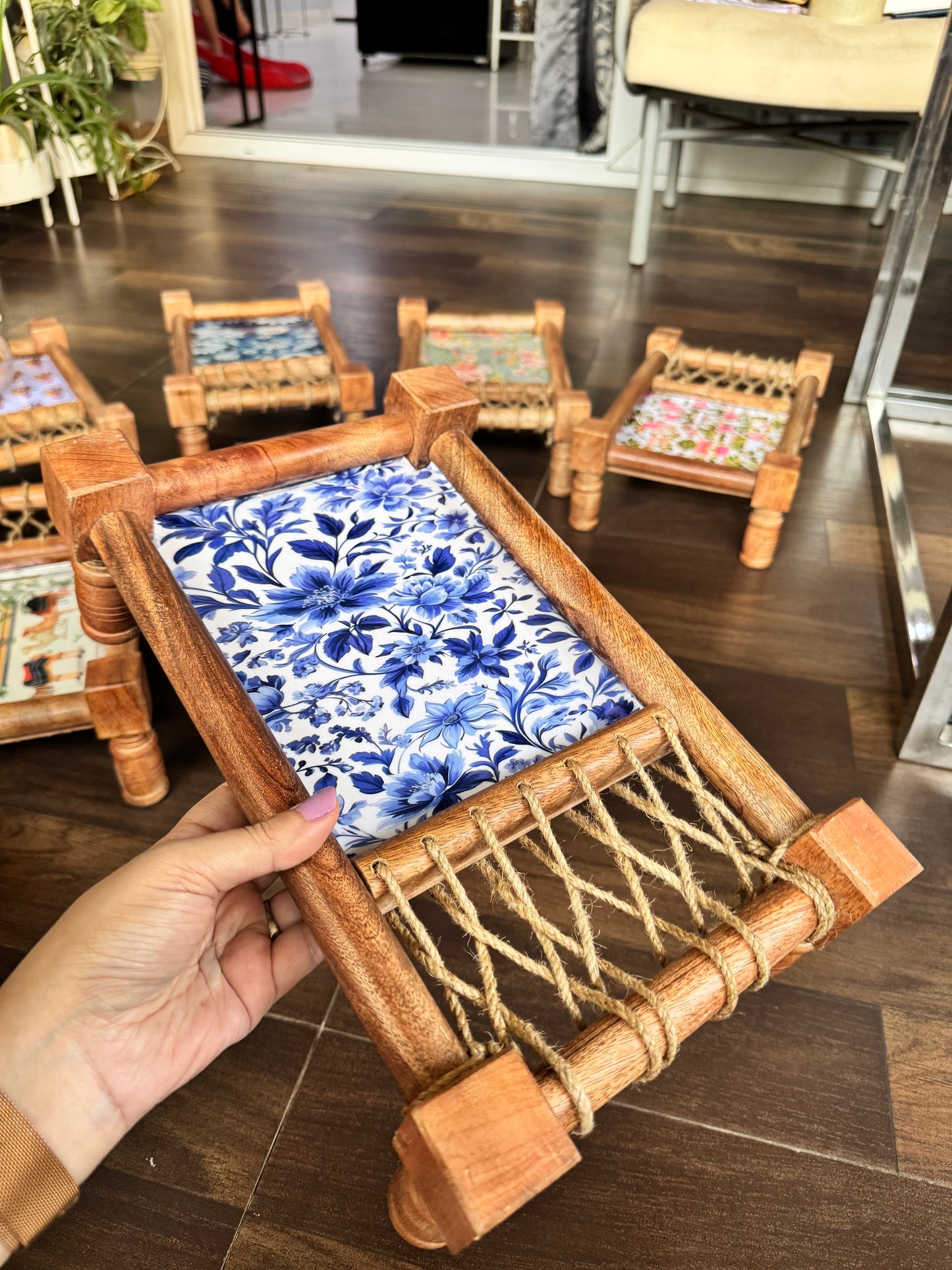 Traditional Blue Pichwai Print Wooden Khatiya/Cot Tray
