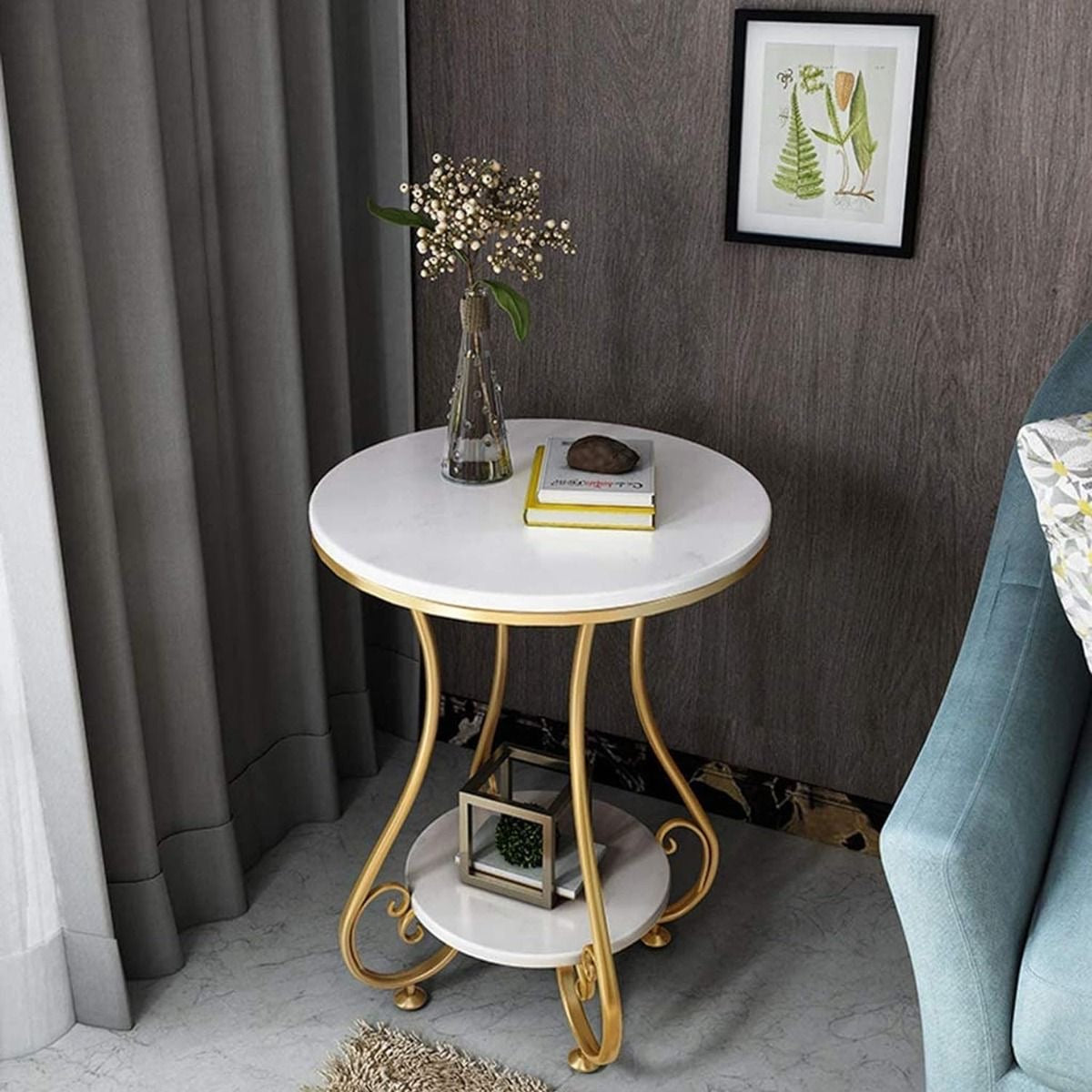 Elegant Gold 2-Tier Side Table with White Faux Marble Top