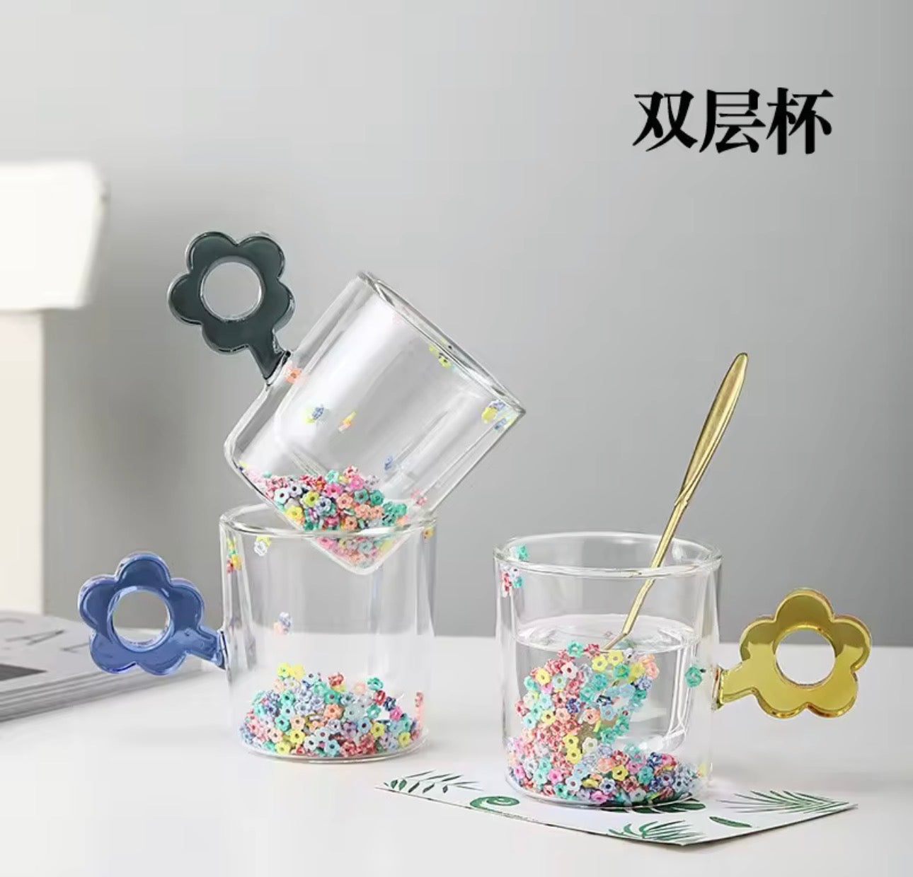 Elegant Double Wall Confetti Inside Glass Coffee Mug with Flower Handle