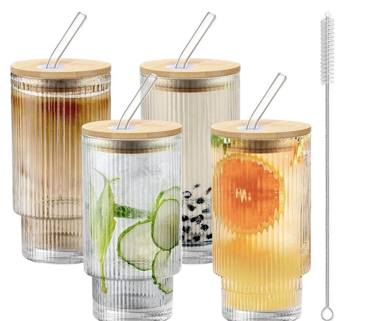 Ribbed Glass Cup with Lid & Straw