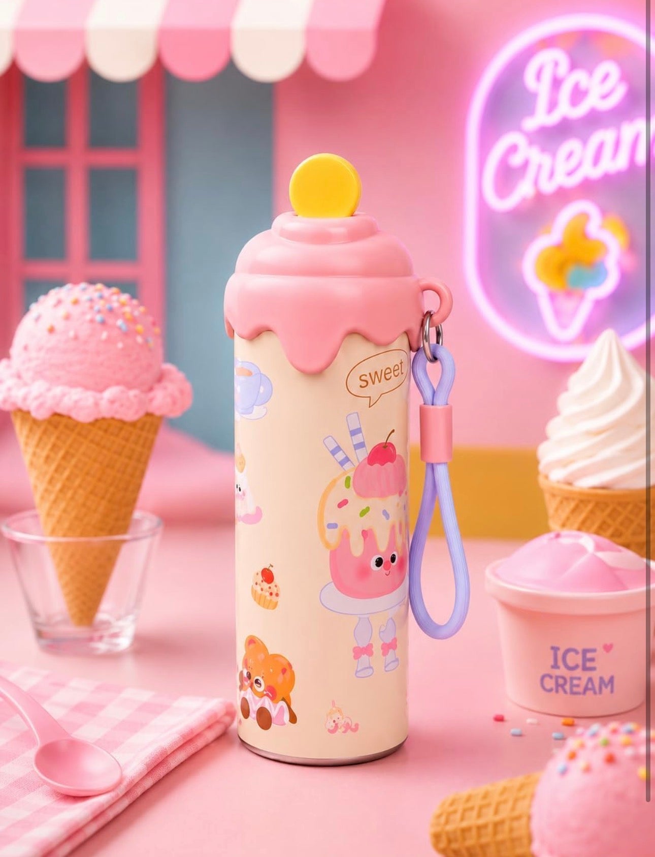 Cute Ice Cream Insulated Tumbler with Straw (600 ml)