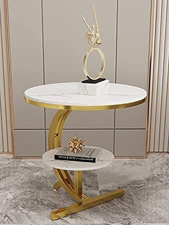 Gold 2-Tier Side Table with White Faux Marble Top