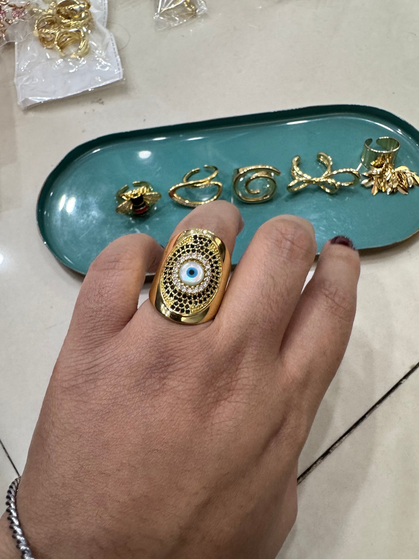 Gold Plated Metal Rhinestones Evil Eye Ring