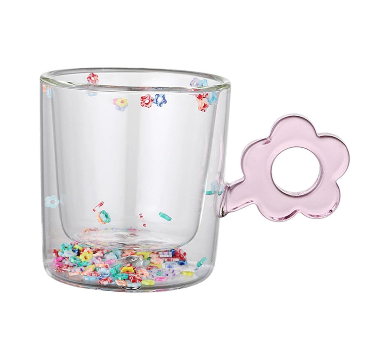 Elegant Double Wall Confetti Inside Glass Coffee Mug with Flower Handle