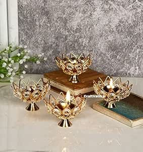 Elegant Lotus Shape Crystal Tea Light/Diya Holder (Gold) - Set of 6