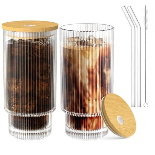 Ribbed Glass Cup with Lid & Straw