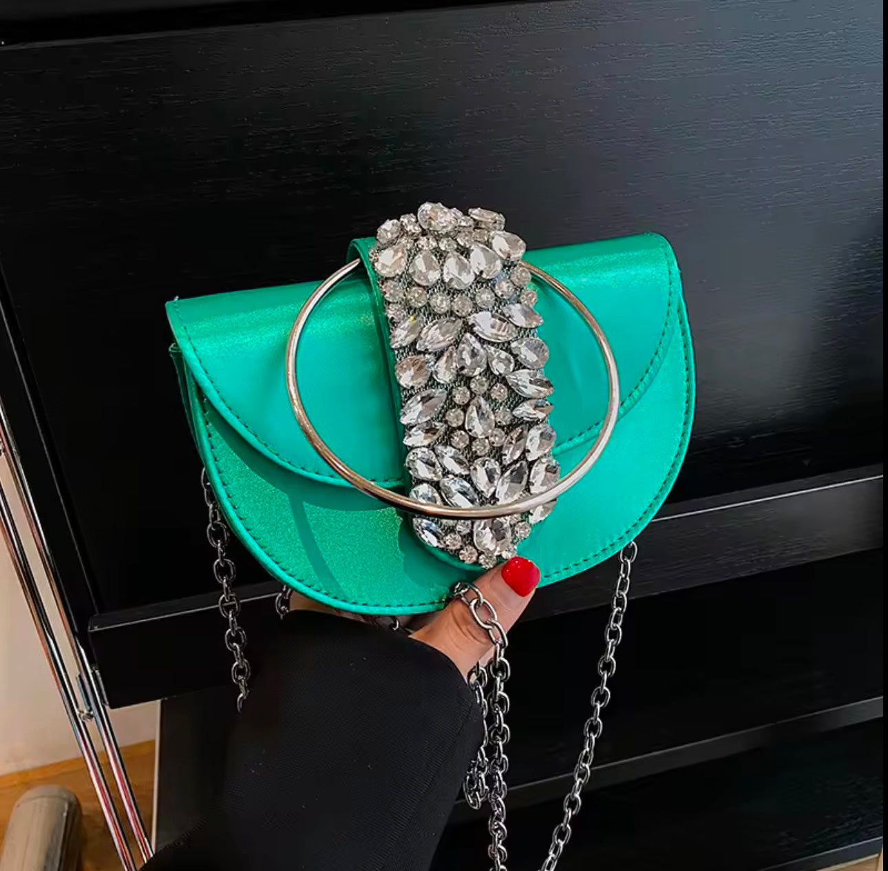 Exclusive Studded Rhinestone Detail Statement Saddle Bag with Round Handle