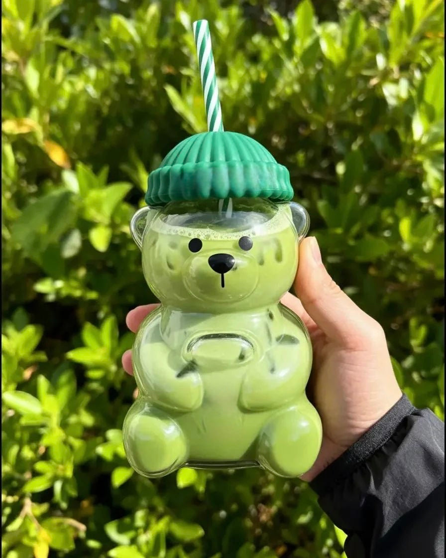 Cute Teddy Glass Tumbler with Straw & Lid