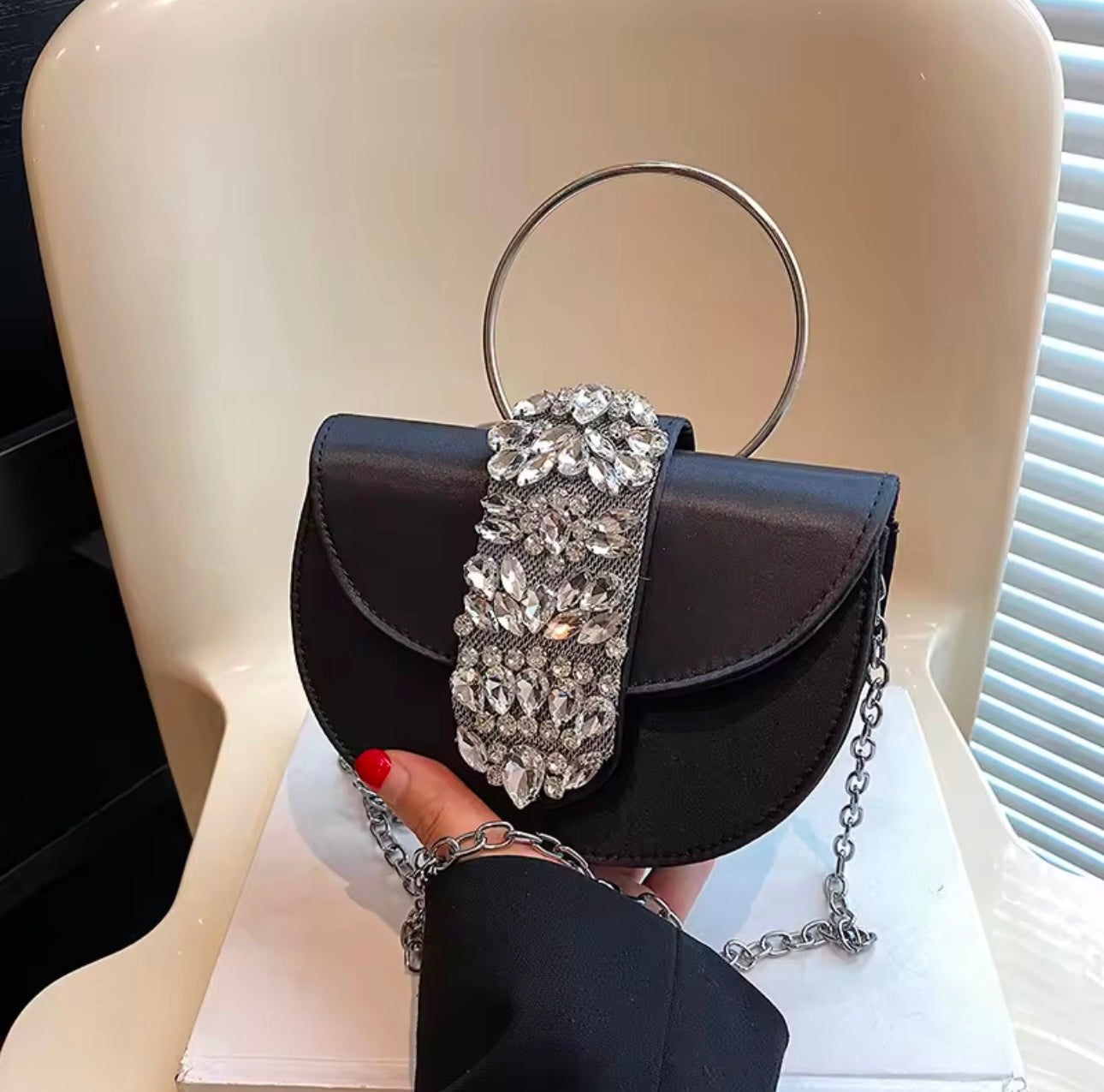 Exclusive Studded Rhinestone Detail Statement Saddle Bag with Round Handle