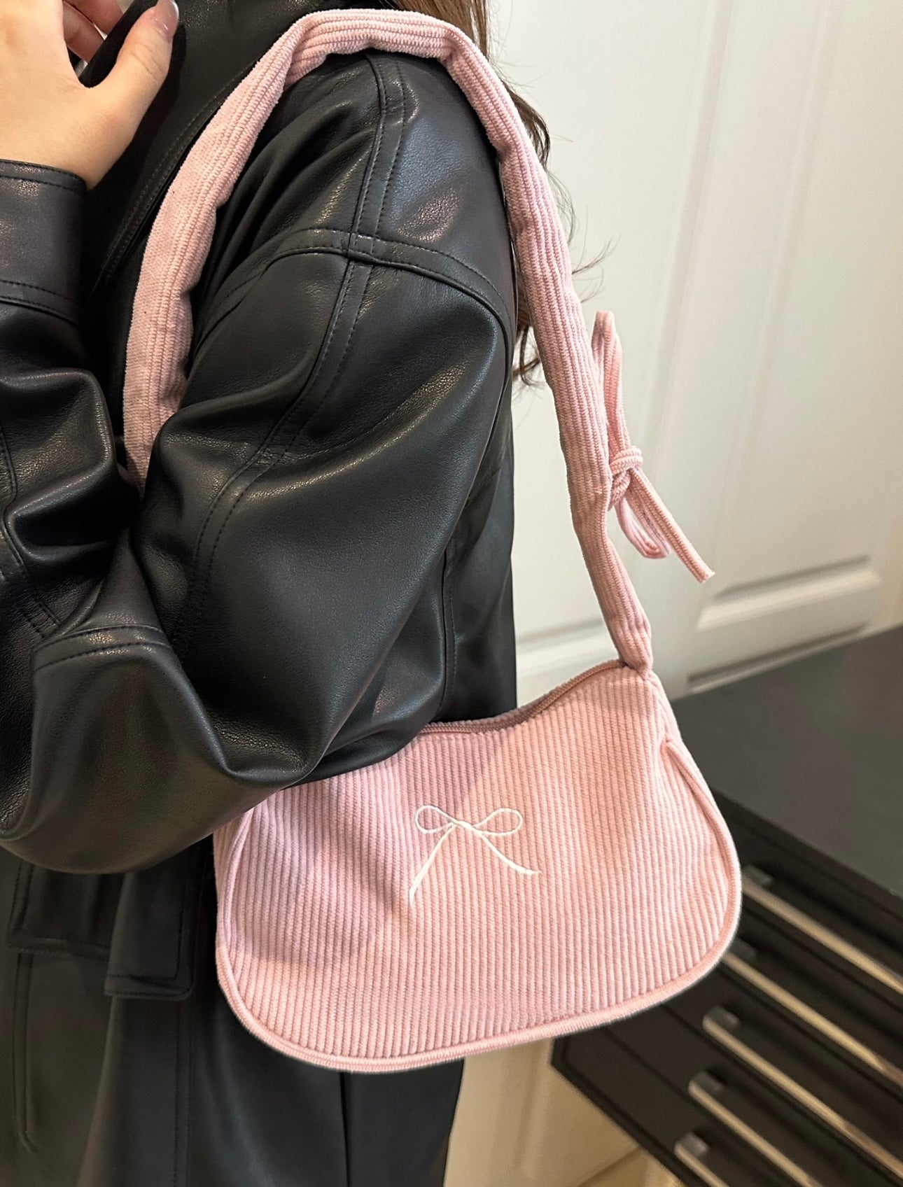 Premium Ribbed Pink Bow Bag