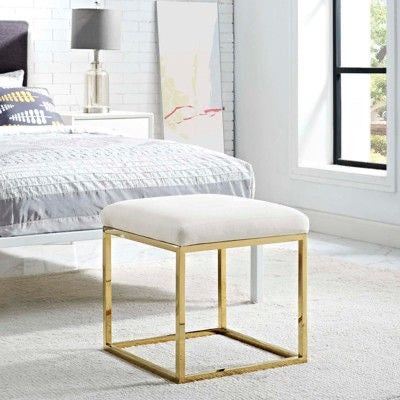 Contemporary Glam Velvet Square Ottoman with Metal Base