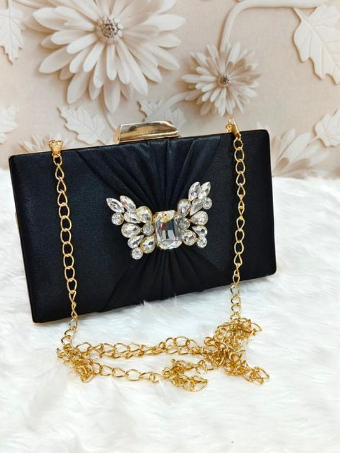 Elegant Satin Box Party Clutch Bag with Decorative Rhinestones Embellishments