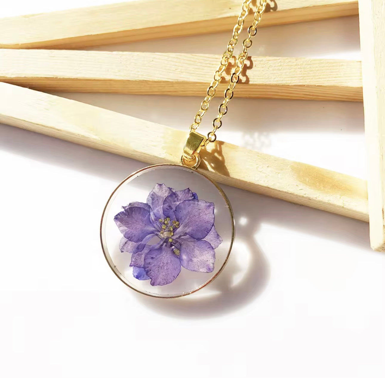 Real Delphinium Consolida Purple Larkspur Flower Pendant