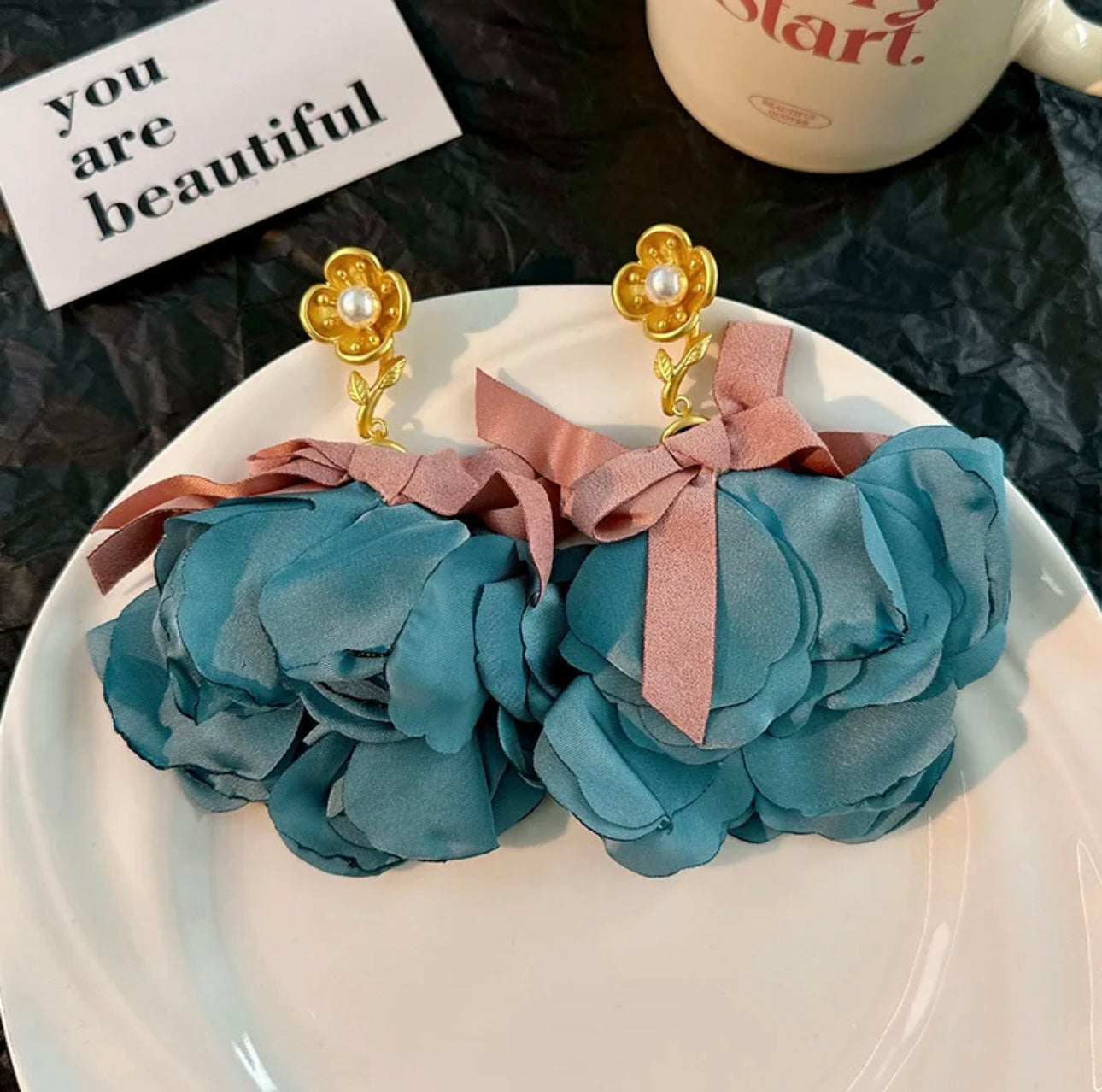 Satin Fabric Flower Earrings