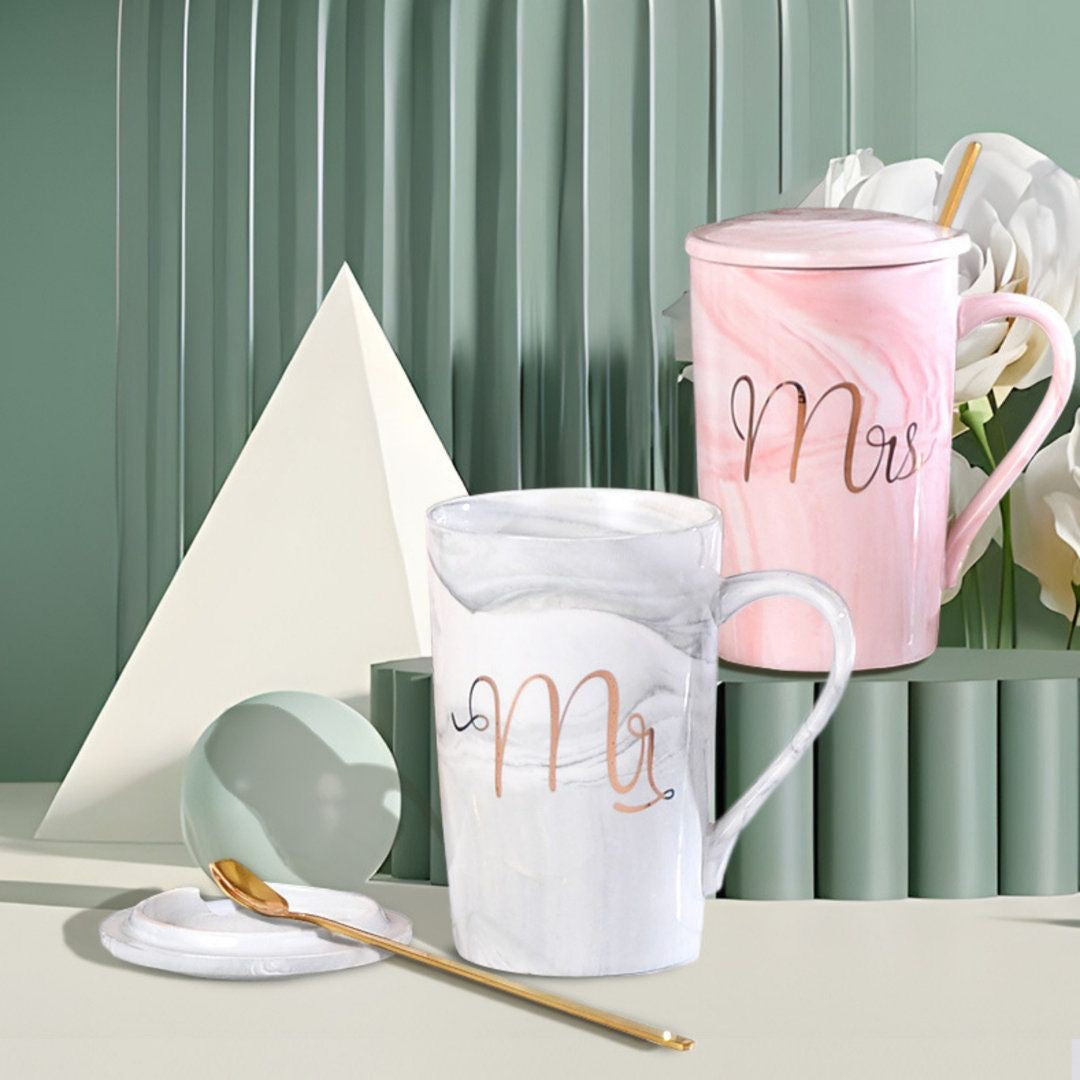 Mr & Mrs Mugs Set with Lid & Stirrer