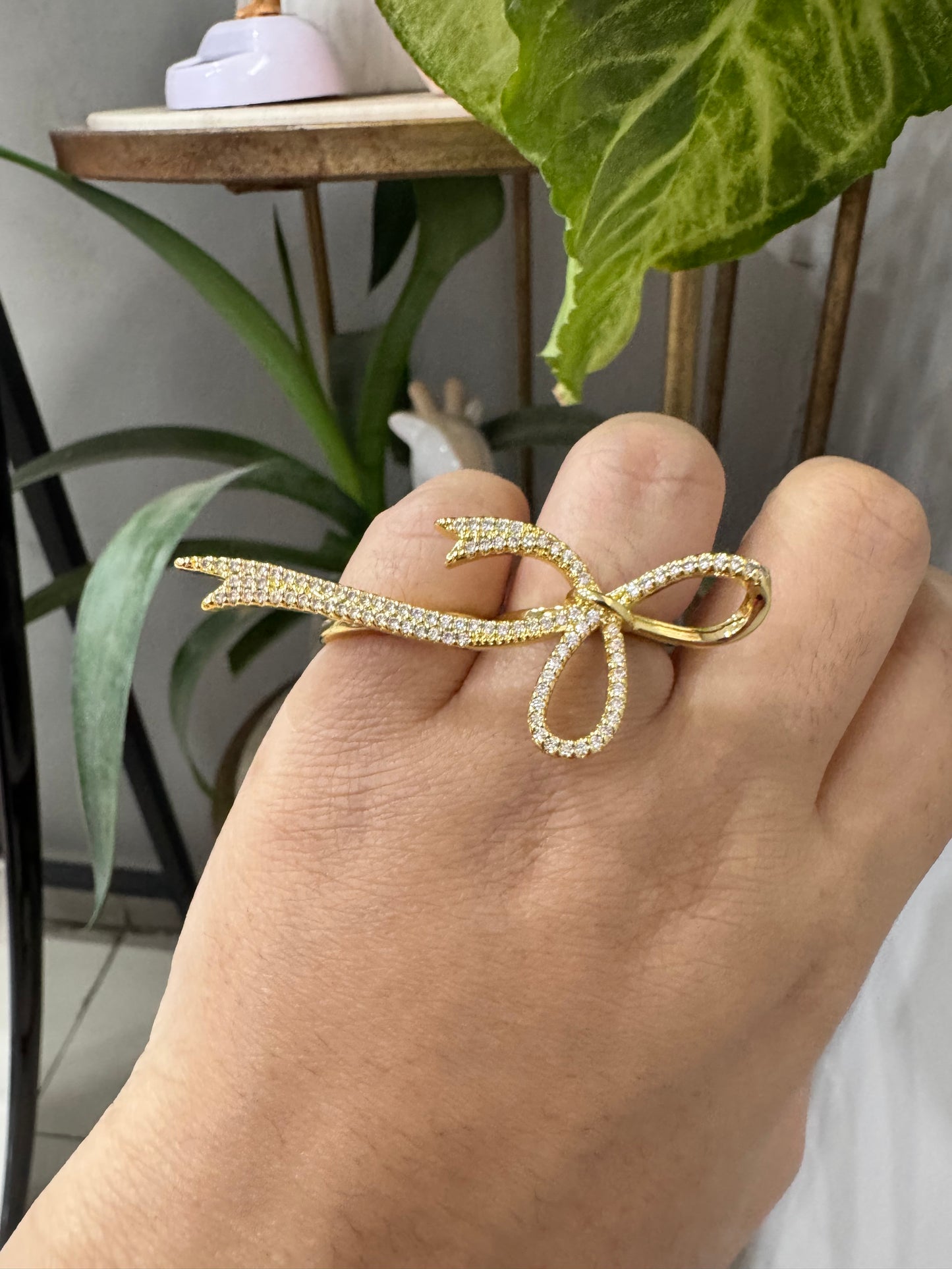 Elegant Rhinestones Gold Bow Ring Minimalist