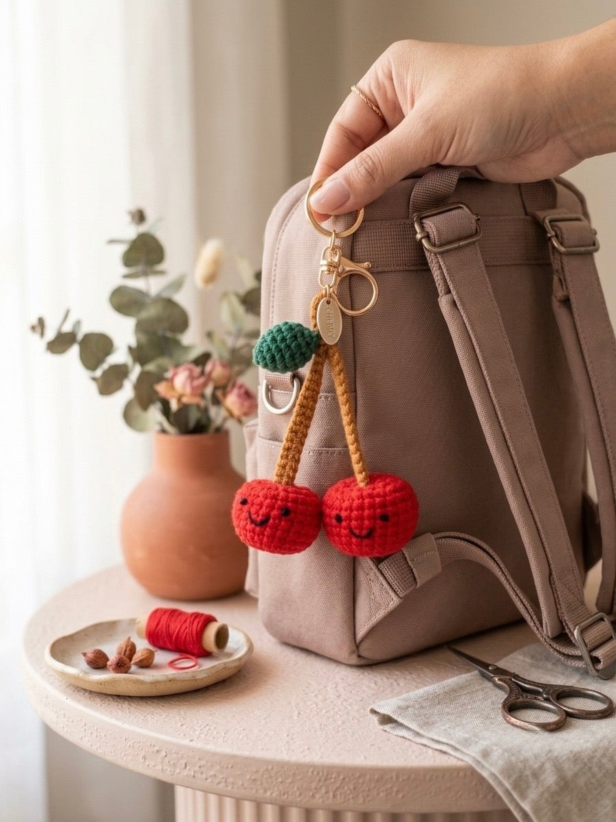Handmade Crochet Smiling Cherry Keychain