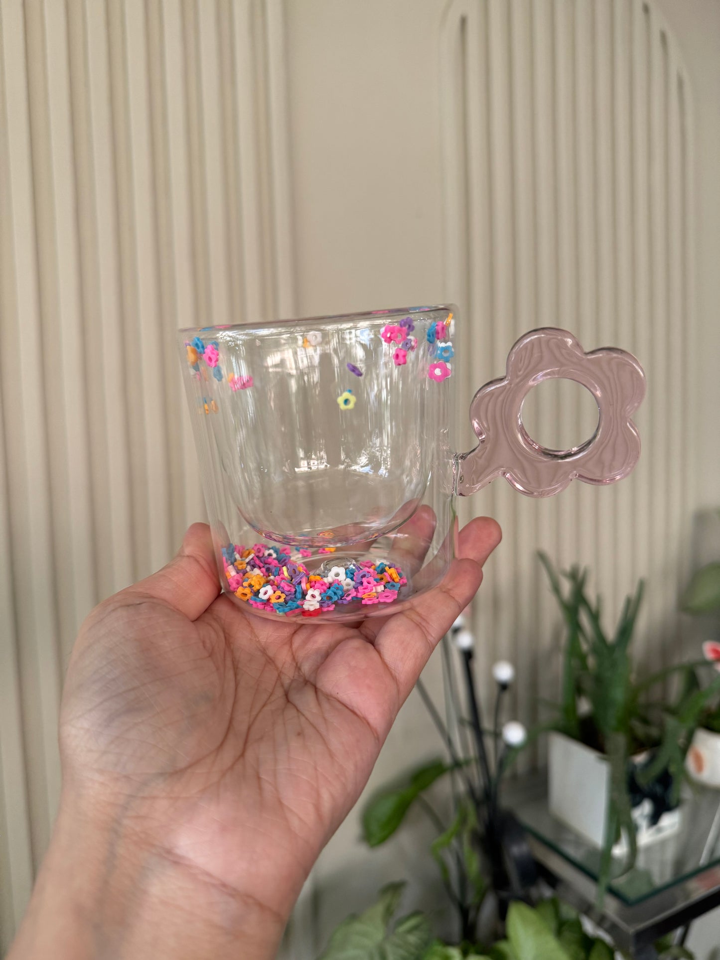 Elegant Double Wall Confetti Inside Glass Coffee Mug with Flower Handle