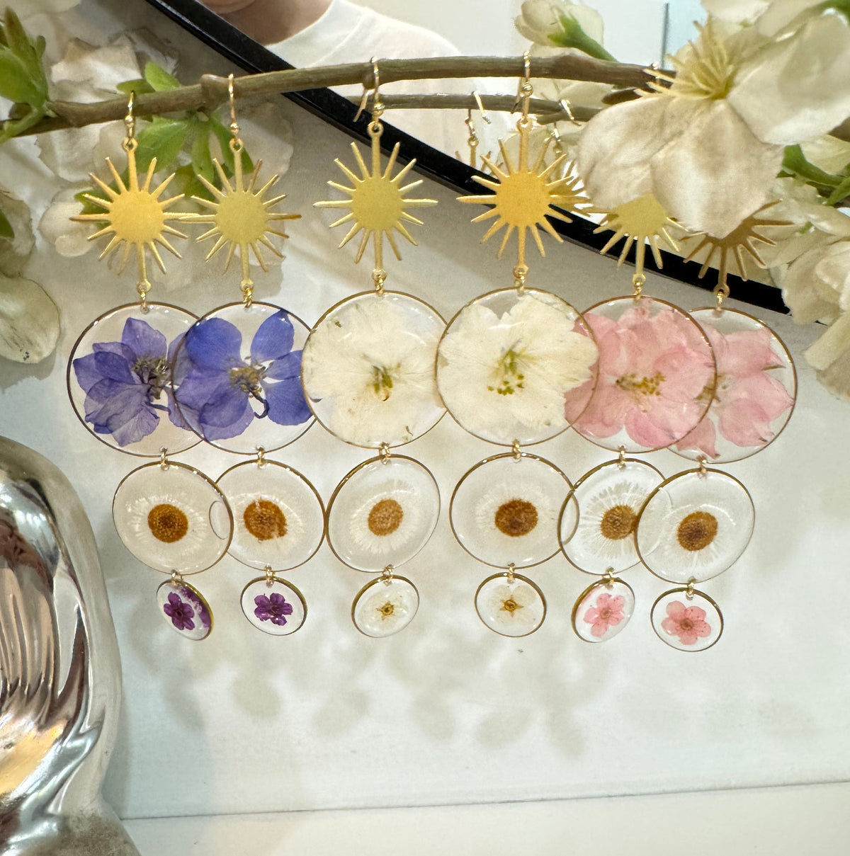 Elegant Drop Earrings with Real Pressed Dried Flowers