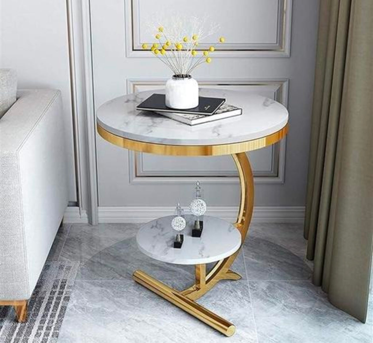 Gold 2-Tier Side Table with White Faux Marble Top