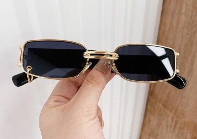 Luxury Vintage Rectangular Sunglasses Black & Gold with Metal Rim