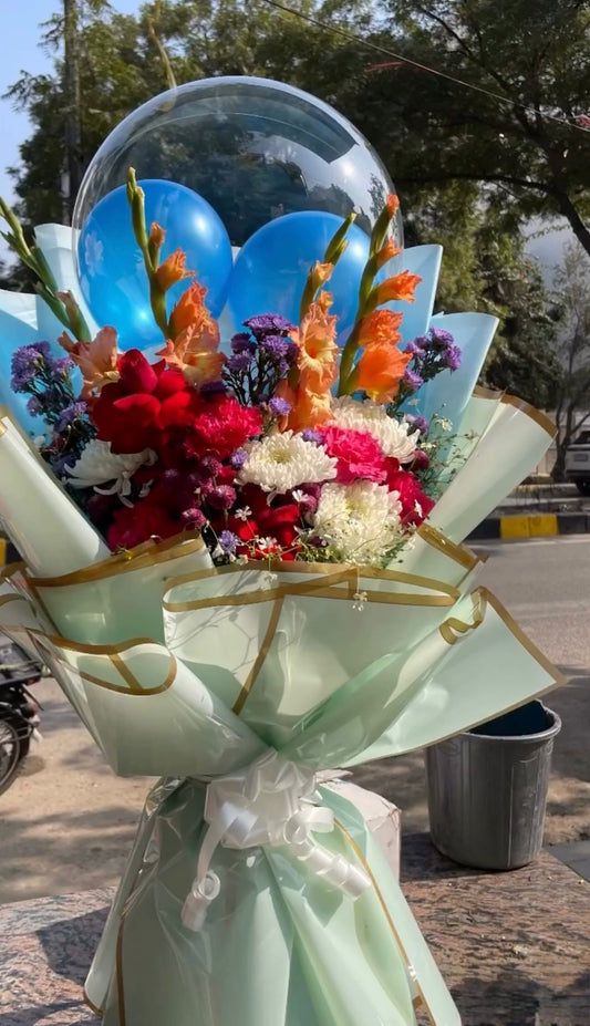 Premium Fresh Flowers Balloon Bouquet with Korean Sheets (Only deliverable in Delhi/NCR)