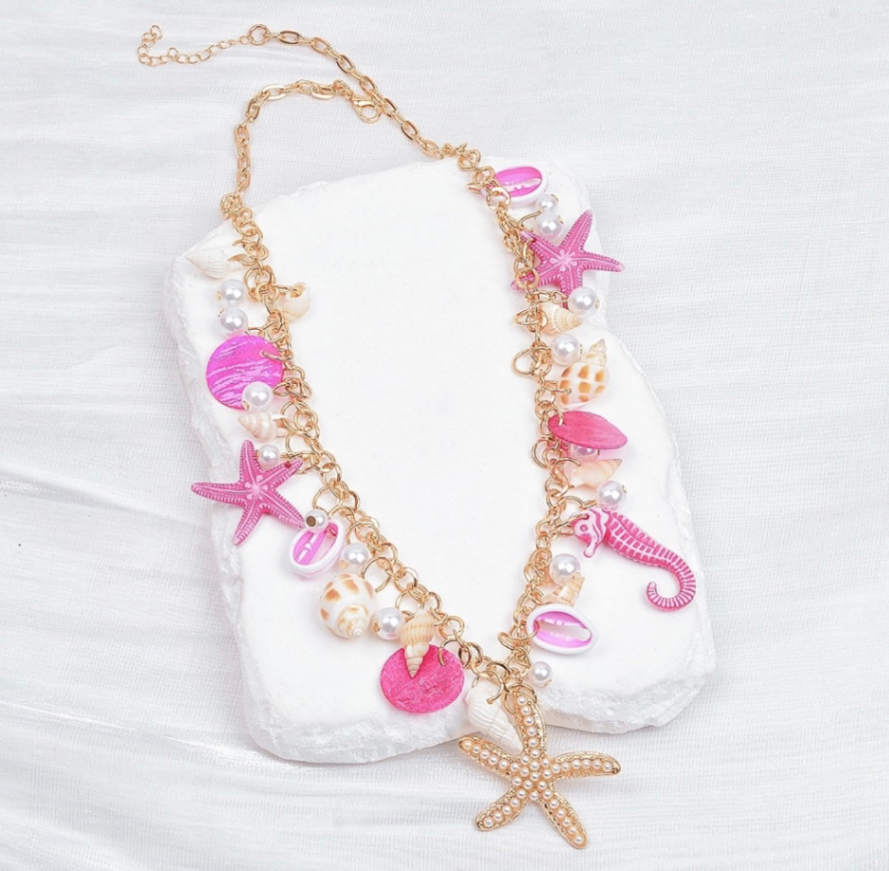 Bohemian Ocean Elements Pink Shells & Starfish Necklace