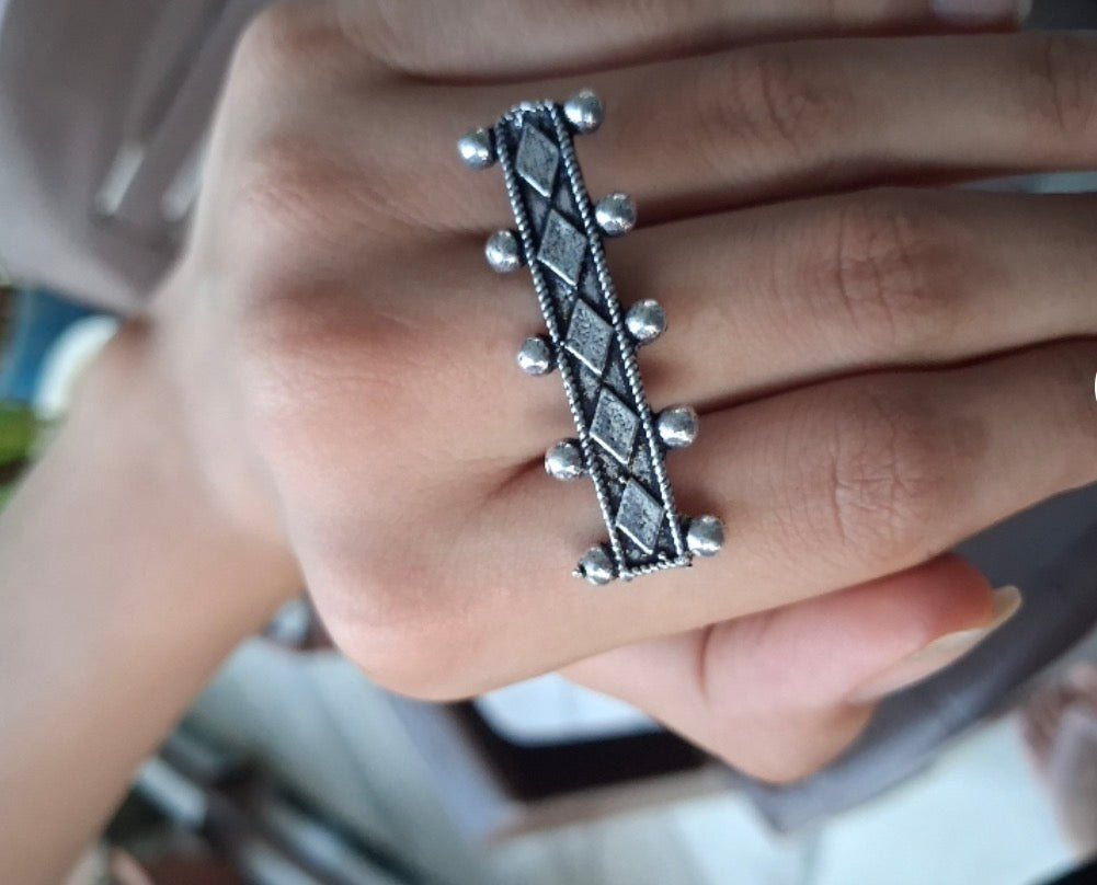 Handcrafted Oxidised Statement Ring | Adjustable Vintage Silver Bohemian Finger Ring for Women