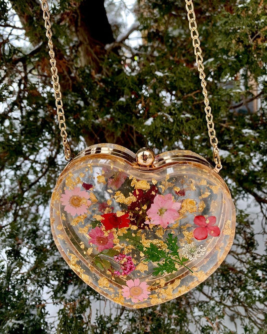 Heart-Shaped Sling Bag with Real Pressed Flowers