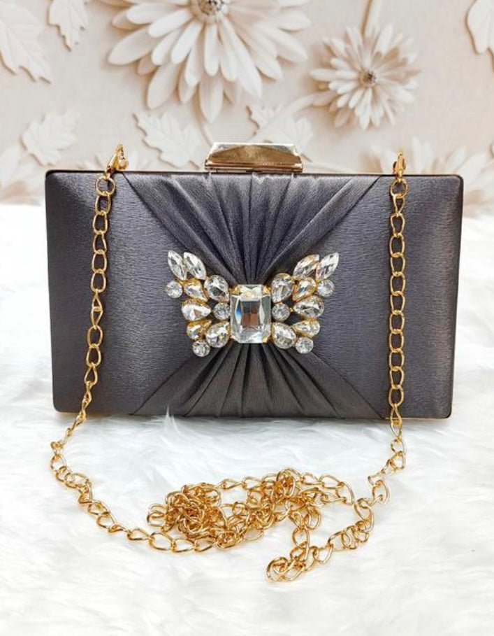 Elegant Satin Box Party Clutch Bag with Decorative Rhinestones Embellishments