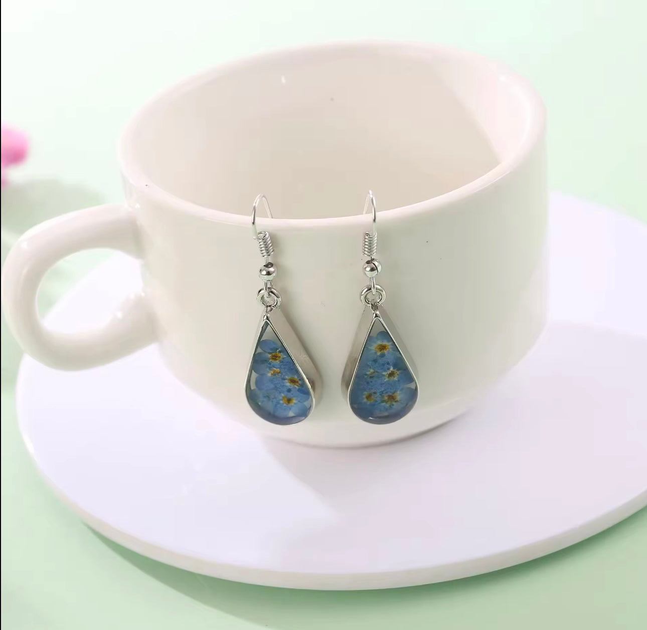 Earrings with Real Forget-Me-Not Pressed Flowers