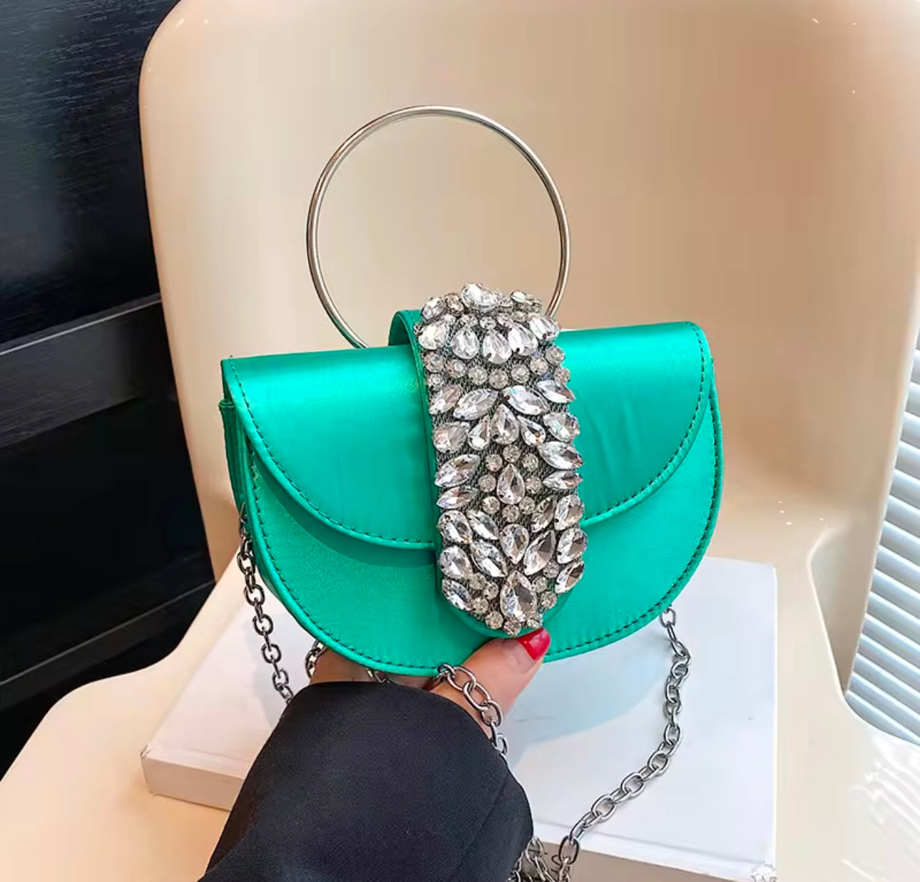 Exclusive Studded Rhinestone Detail Statement Saddle Bag with Round Handle