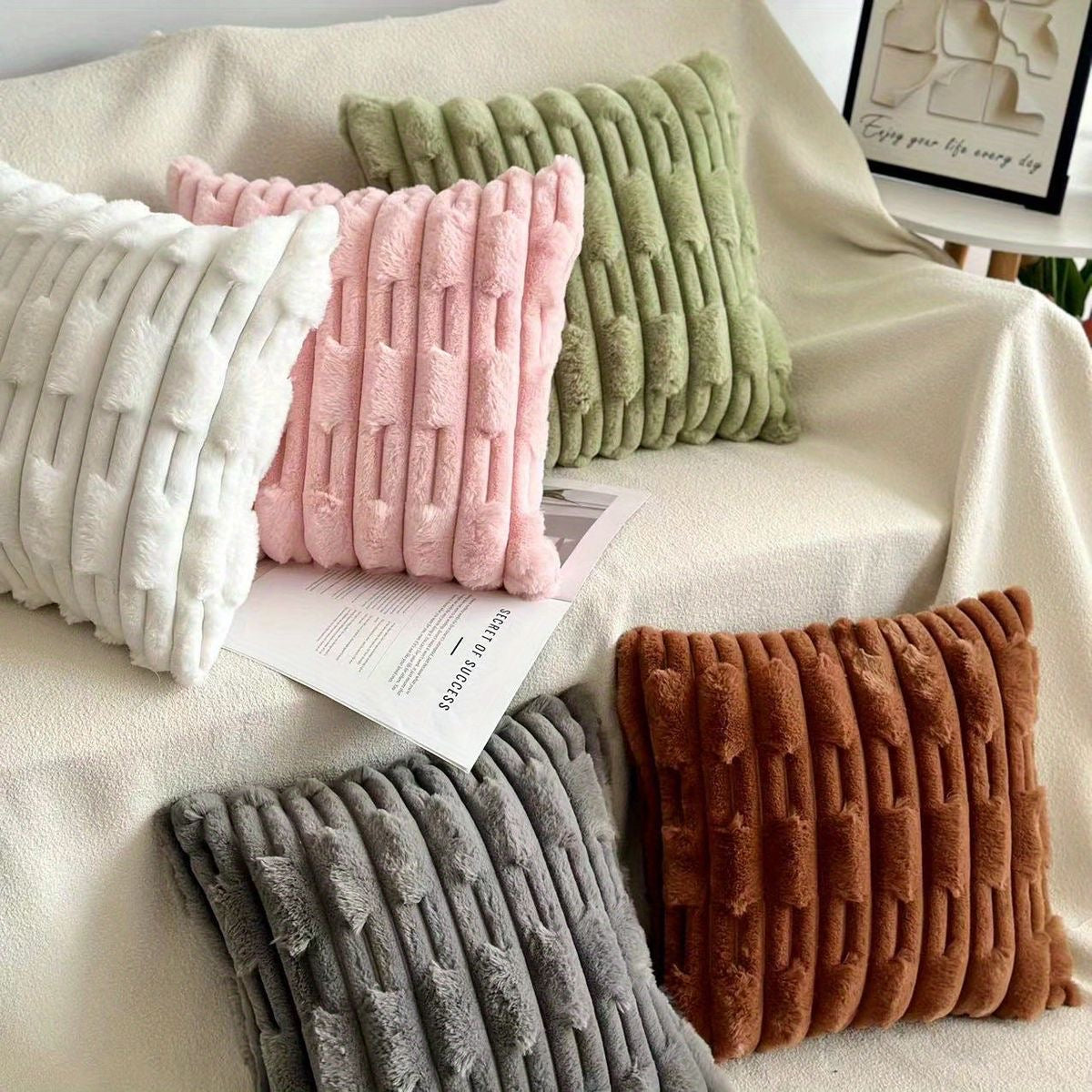 Striped Plush Faux Fur Pillow Covers - Set of 2