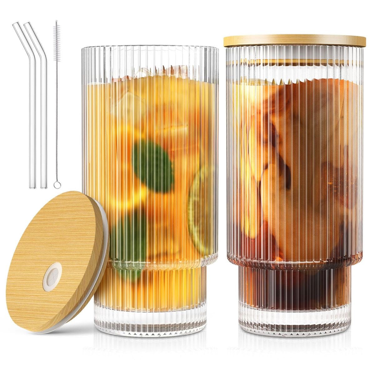 Ribbed Glass Cup with Lid & Straw