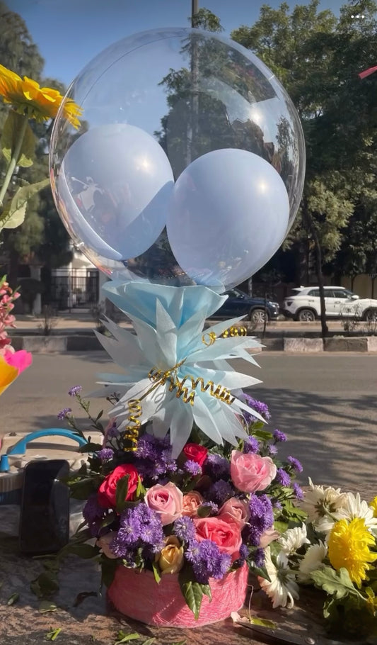 Premium Fresh Flowers Balloon Bouquet with Korean Sheets (Only deliverable in Delhi/NCR)