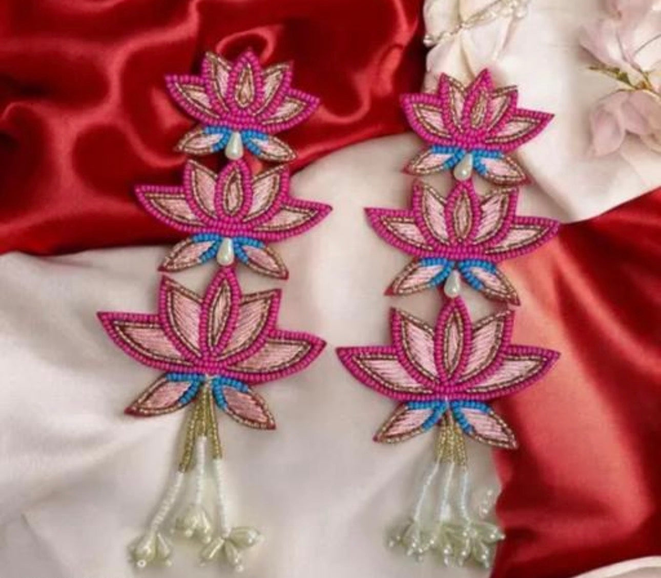 Handmade Beaded Statement Boho Ethnic Lotus Pink Large Earrings