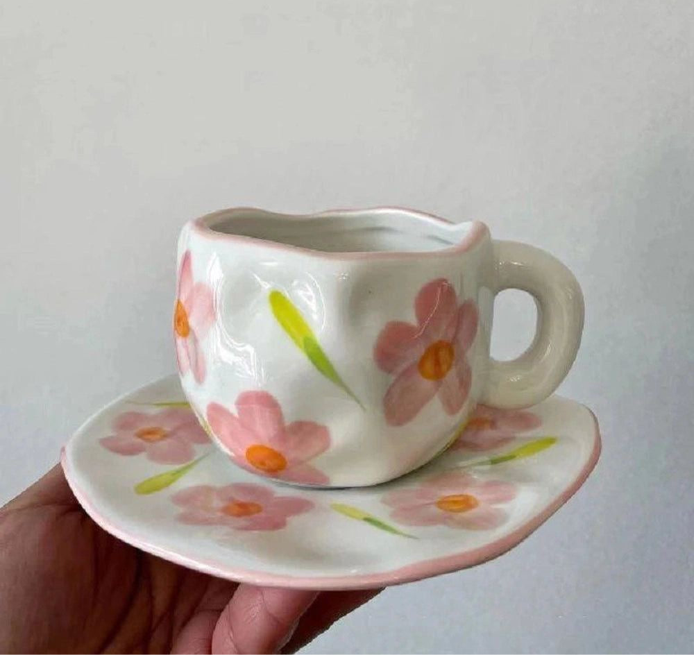 White & Pink Flowers Mug & Saucer Set