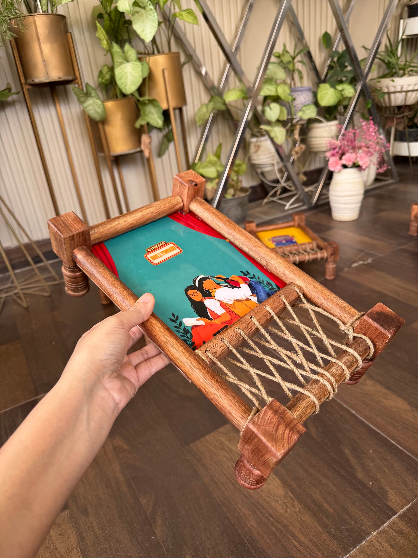 Aesthetic “DDLJ” Print Wooden Khatiya Tray/ Khaat Tray / Khaat Platter / Khatiya Platter / Cot Tray