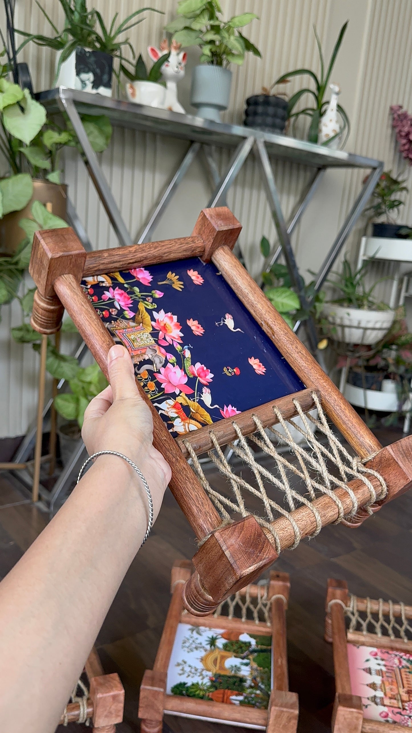 Heritage Lotus Print Wooden Khatiya Tray/ Khaat Tray / Khaat Platter / Khatiya Platter / Cot Tray
