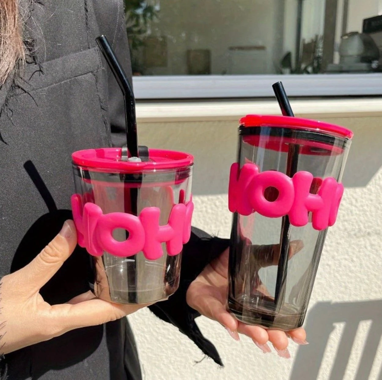 Hohoho Pink & Black Glass Tumbler with Straw & Lid