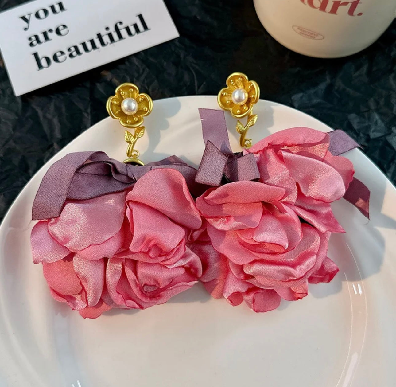 Satin Fabric Flower Earrings