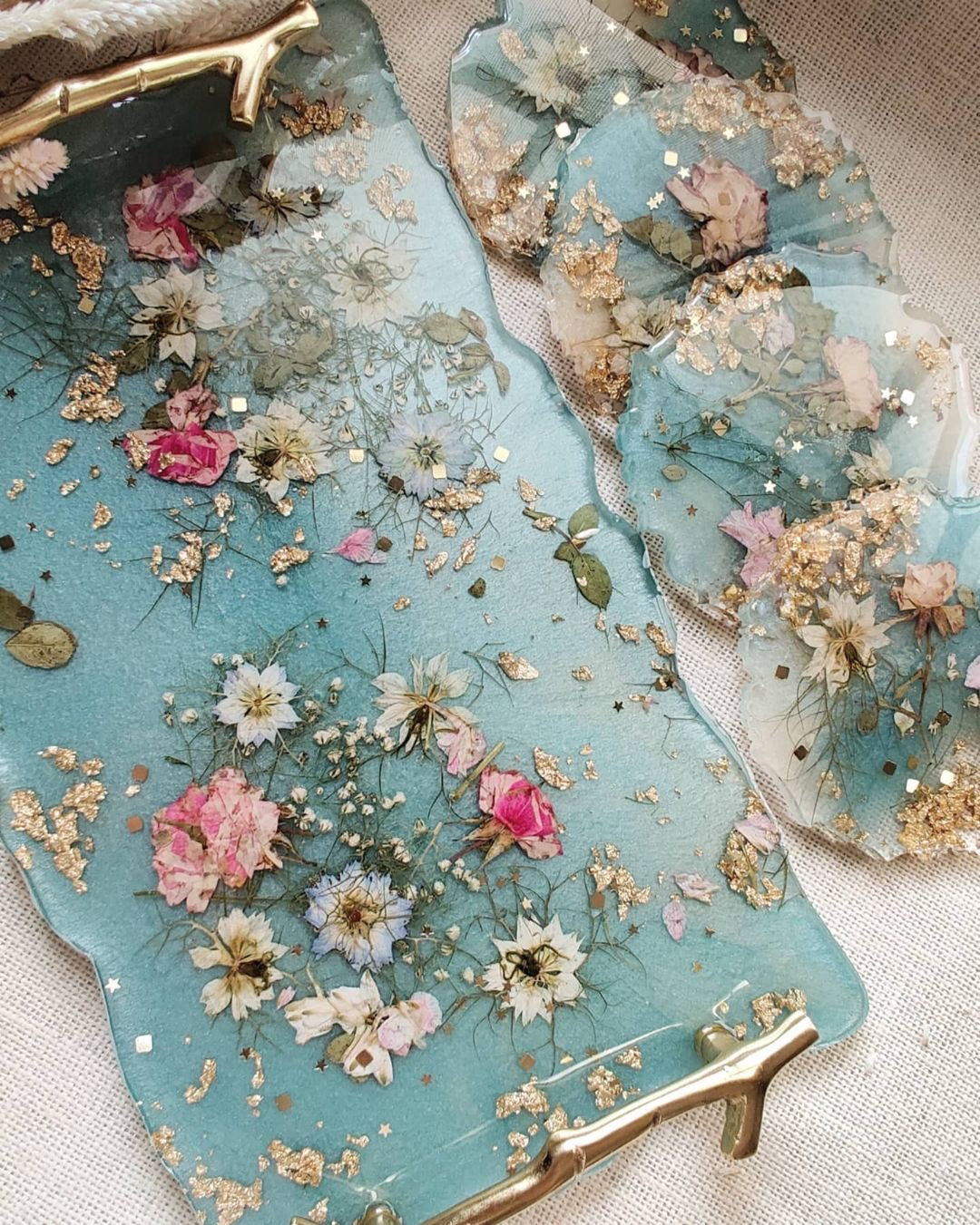 Turquoise Floral Luxe Tray and Coasters Set