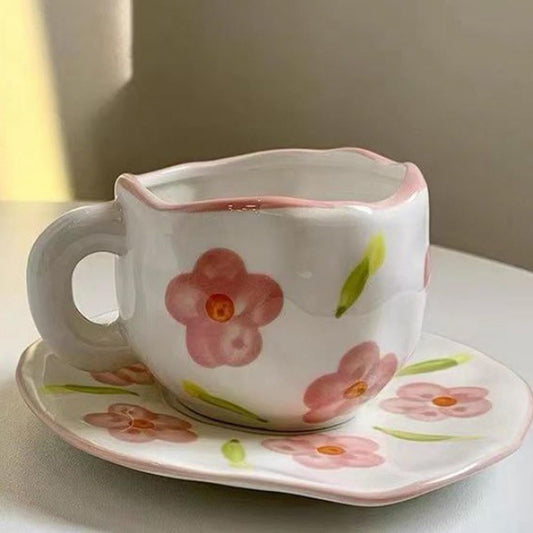 White & Pink Flowers Mug & Saucer Set